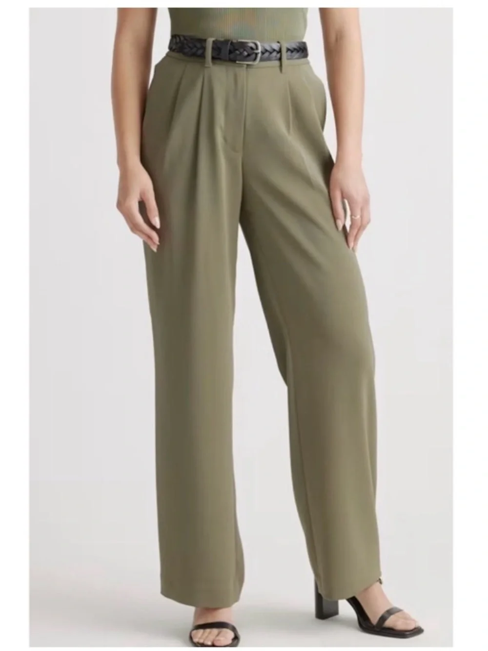 Quince Stretch Crepe Pleated Wide Leg Pant High Rise Elastic Trouser Green 14